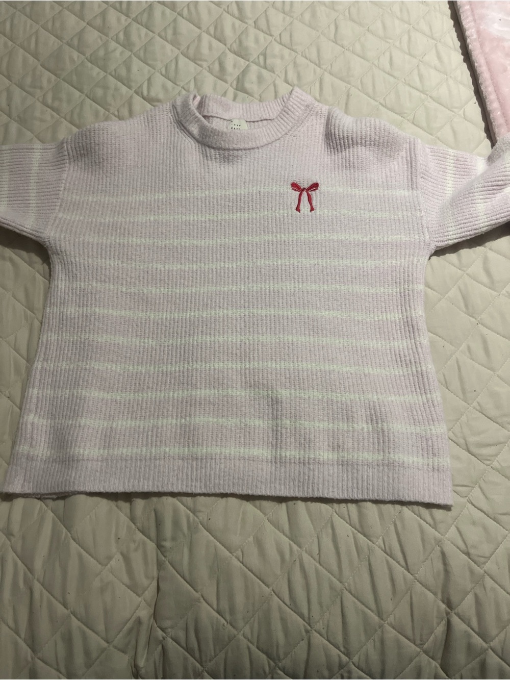 a new day Pastel Lavender Striped Knit Top with Red Bow